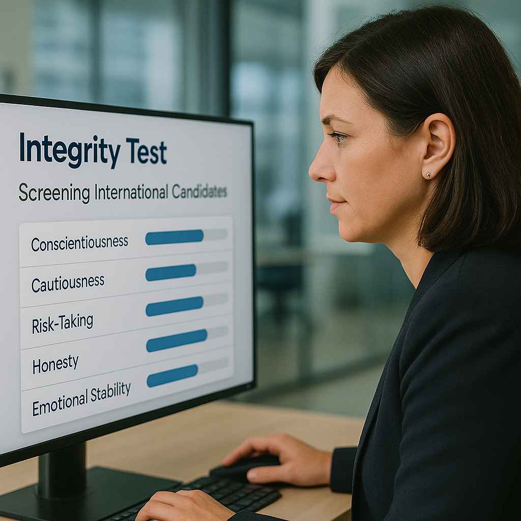HR reviewing personality-based integrity test results by candidate trait.