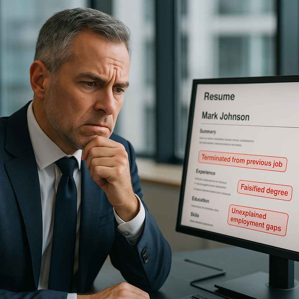 A CEO reviews a resume with visible red flags like falsified degree and unexplained gaps—reflecting the importance of asking the right Questions to Test Integrity during hiring.