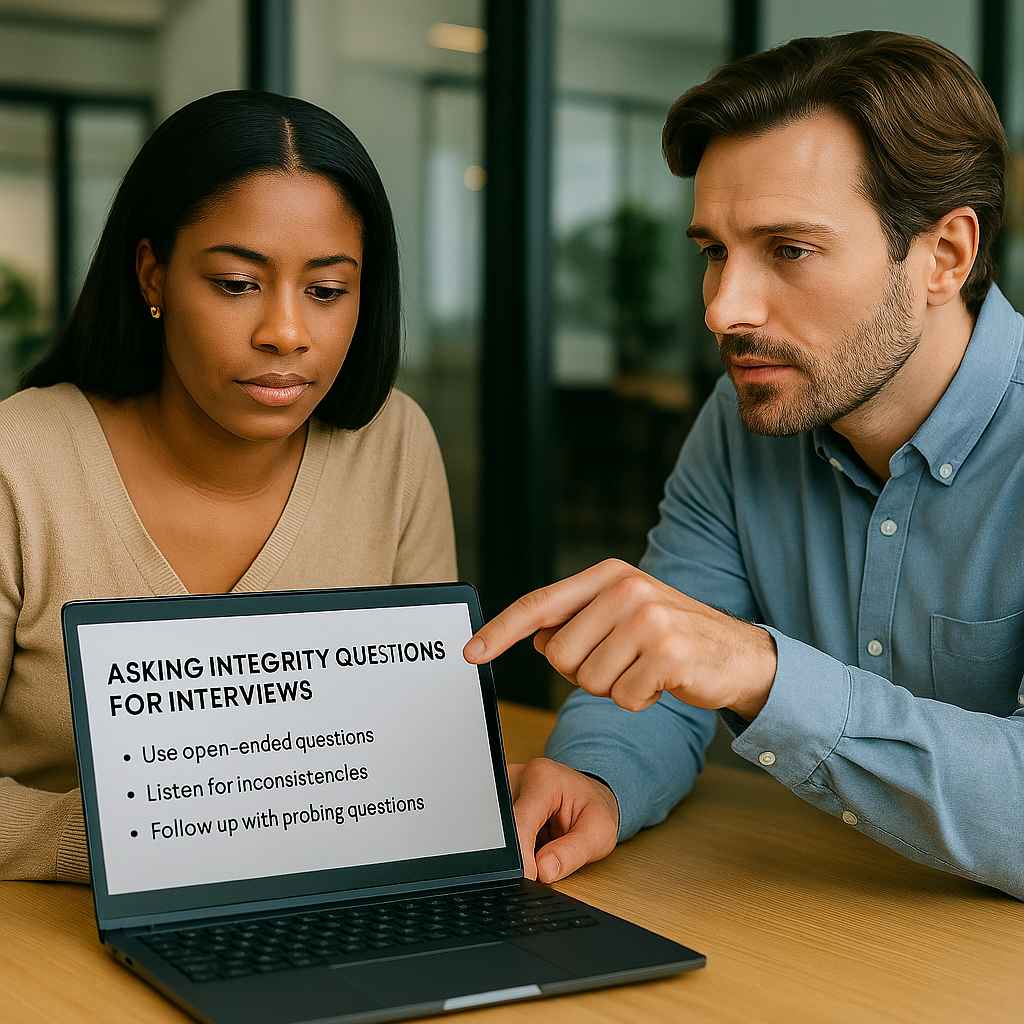 Manager training HR staff on asking integrity-focused interview questions.