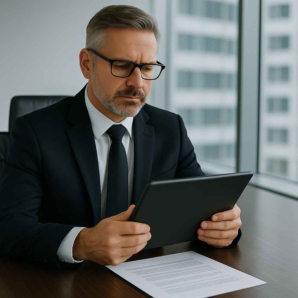 CEO reviewing structured integrity interview questions on a tablet.