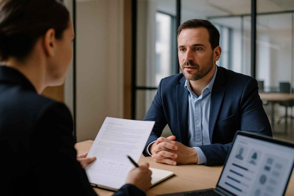 Interviewer discussing integrity-related topics during a structured interview.