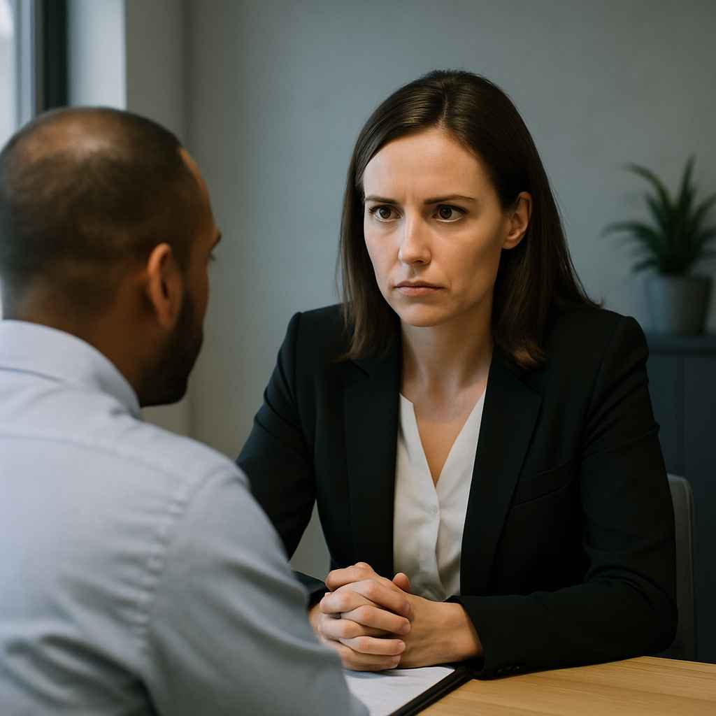 HR manager conducting a confidential interview about harassment concerns.