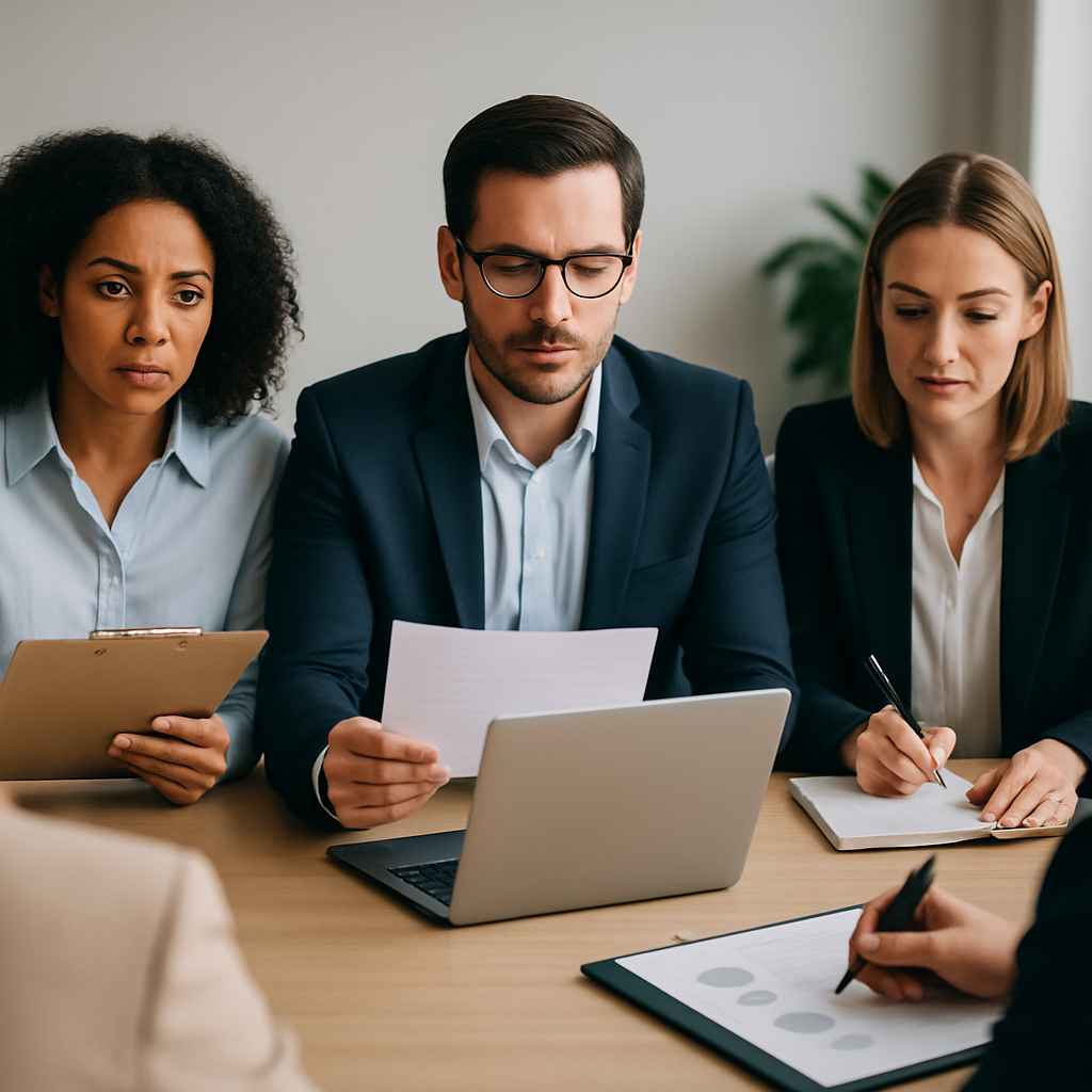 Panel of interviewers conducting a structured interview to support Integrity Assessments to Prevent Workplace Harassment in candidate evaluation