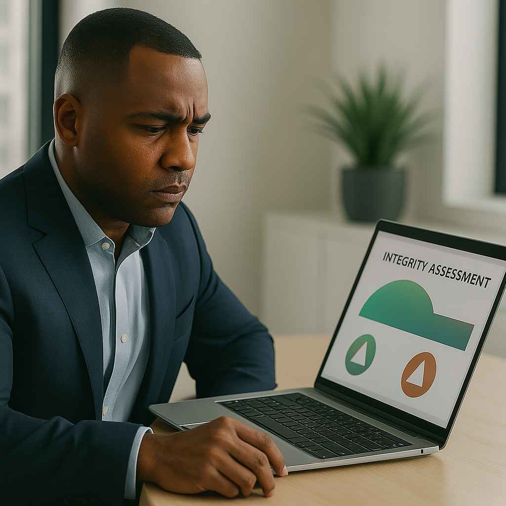 HR professional reviewing integrity test results for a candidate.