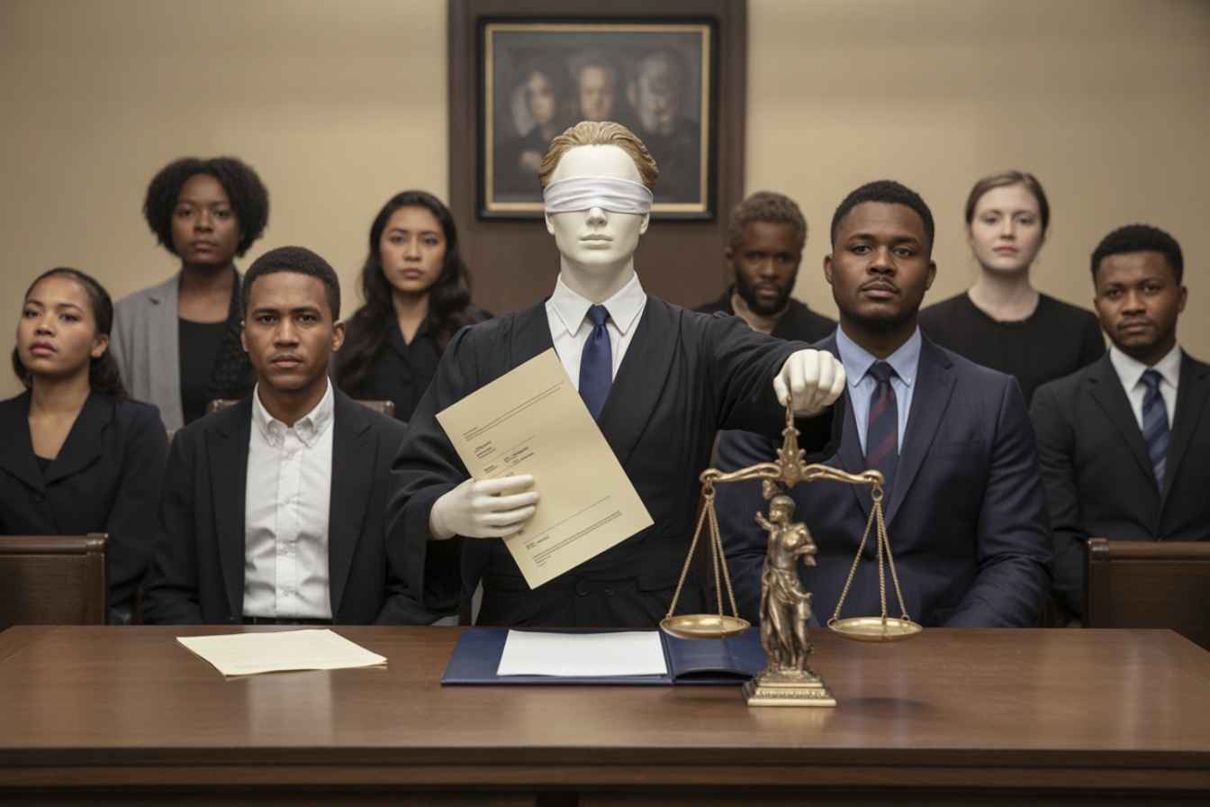 Blindfolded figure of justice holding a resume, symbolizing legal fairness and compliance in integrity tests.