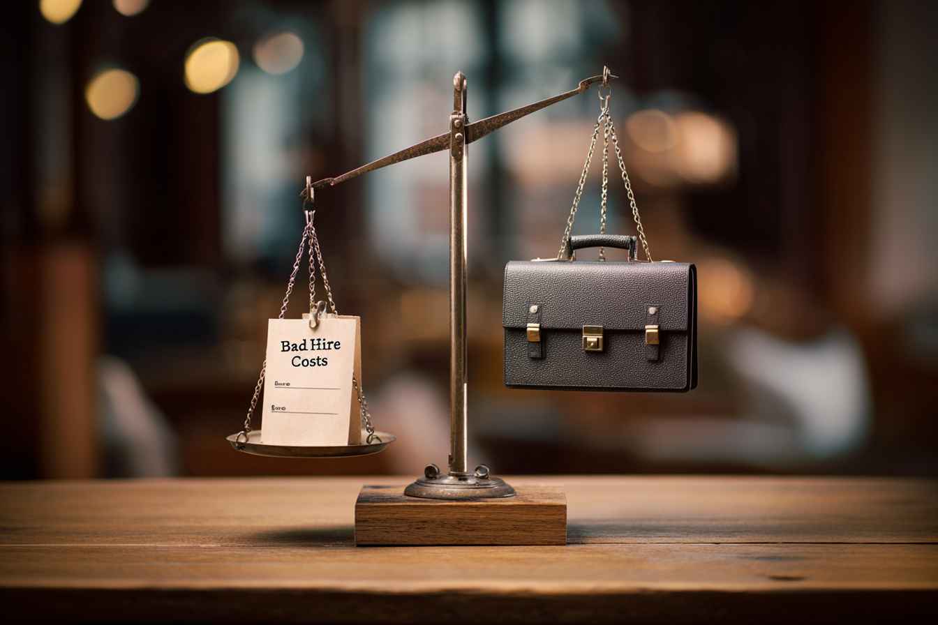 Balance scale comparing small cost of an integrity test against heavy cost of a bad hire.