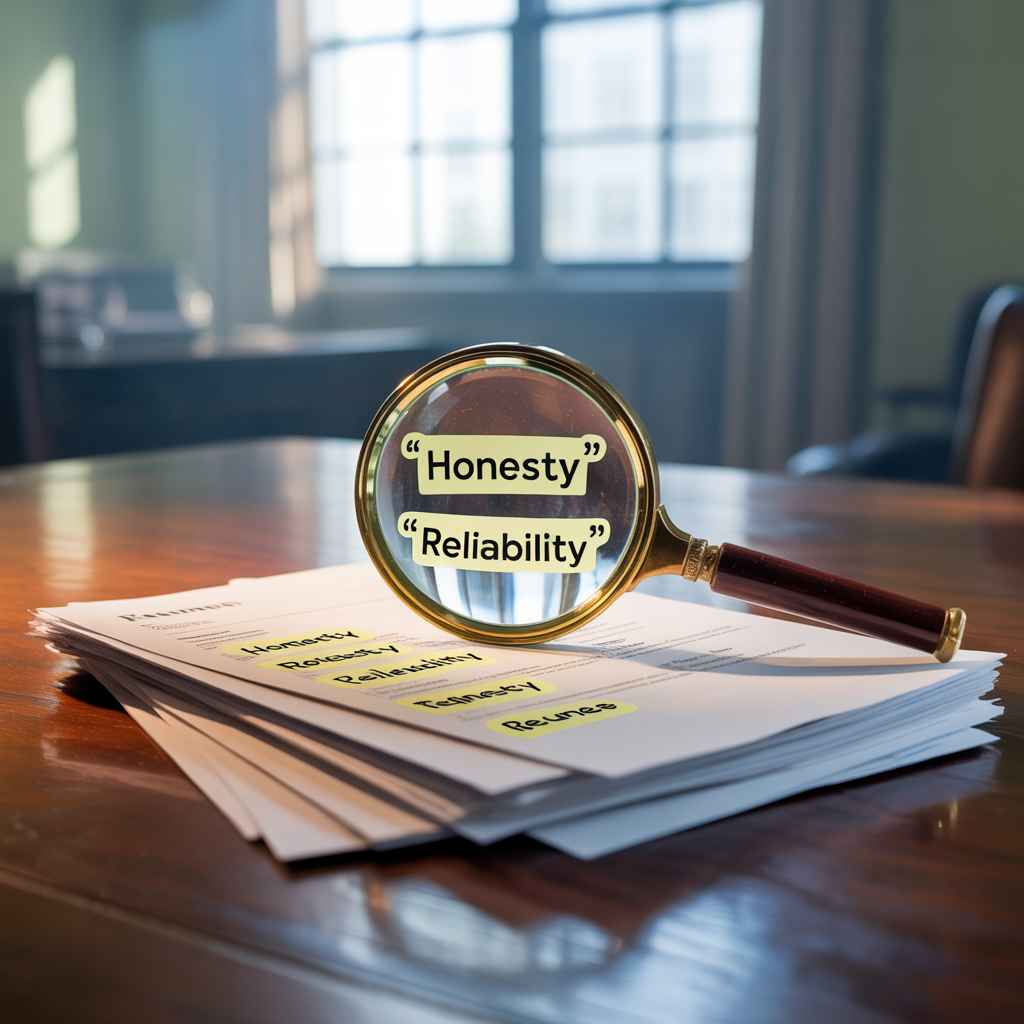 Magnifying glass highlighting honesty and reliability on resumes, symbolizing objective and unbiased integrity assessments.