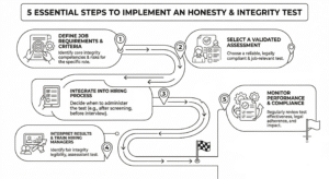 A clean, vertical infographic visualizing the five essential steps to implementing an honesty and integrity test for selection, using a visual metaphor of a clear, step-by-step path with checkpoints. Each step is accompanied by a bold icon and short, clear text, designed for high legibility on mobile.