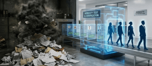 a surreal image: on the left, a pile of crumpled resumes and paperwork buried under a shadowy cloud, representing chaos, theft, and high turnover. On the right, a streamlined conveyor belt of glowing candidate profiles moving through a transparent, futuristic scanner, emerging as confident, trustworthy silhouettes on the other side. The contrast visually depicts the transformative power of honesty testing in cleaning up the hiring funnel.