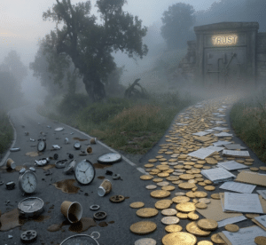 A stark, editorial image of two diverging roads in a foggy landscape. One road is paved with gold coins and paperwork, leading toward a shining vault marked 'Trust,' while the other is cluttered with broken compasses, cracked clocks, and spilled coffee, symbolizing unreliable screening and wasted time. This metaphor highlights the crucial decision of choosing the right integrity test method.