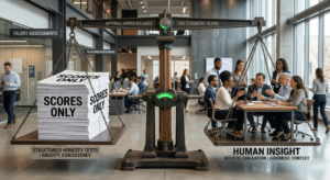 A visually striking image of a massive, industrial scale balancing two objects: on one side, a stack of rigid, standardized test forms labeled 'Scores Only'; on the other, a lively group of diverse, professional interviewers engaged in discussion, labeled 'Human Insight.' The scale is finely balanced, representing the essential blend of structured honesty tests and human judgment for optimal hiring outcomes.