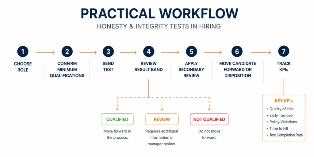 Infographic showing how to use honesty and integrity tests in hiring from role selection to KPI tracking