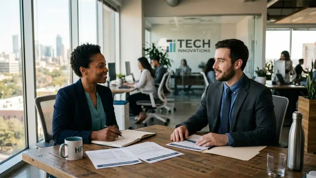 HR recruiter and job candidate during a transparent honesty test candidate experience at a US company