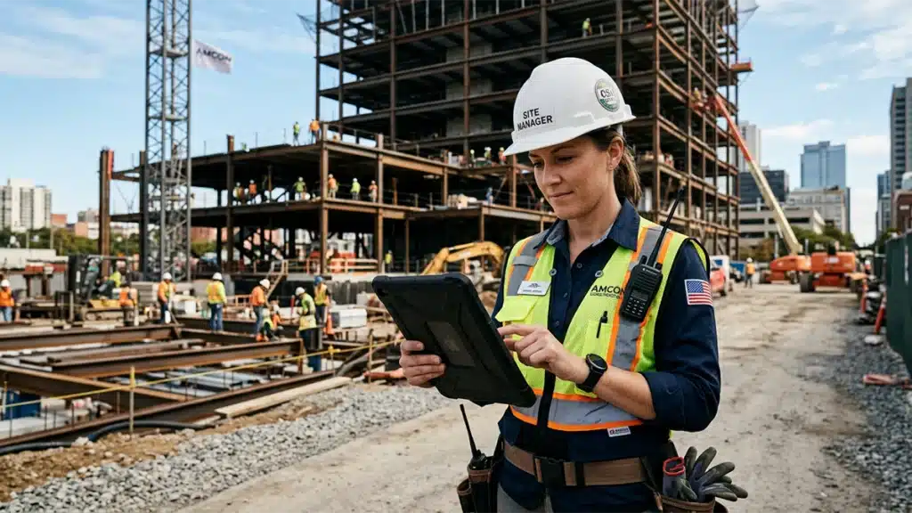 Construction site manager reviewing workers’ compensation data after implementing pre-employment honesty testing