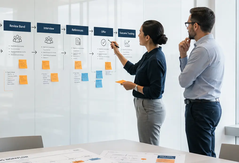 Integrity and honesty in the hiring process for HR shown in a structured workflow