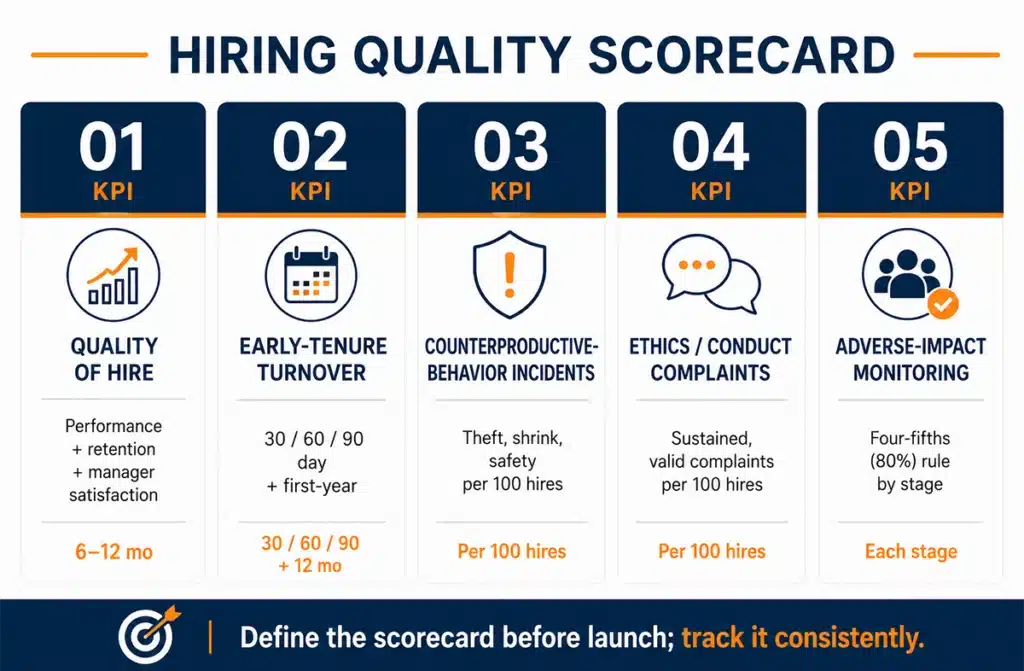 Infographic of honesty and integrity screening KPIs for better hiring outcomes
