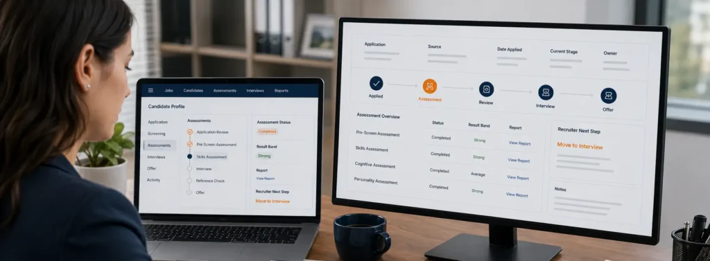 Recruiter reviewing pre-hiring assessment results inside a hiring workflow