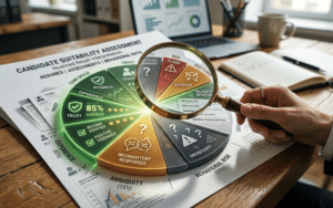 A sharp, symbolic image showing a magnifying glass hovering over a complex, multi-layered pie chart made of resumes, assessment questions, and behavioral icons (representing the process of interpreting test results). Some sections glow green (trust, compliance), others are shaded red or gray (risk, ambiguity). The magnifying glass casts a natural shadow, dramatizing the scrutiny and nuance needed in honest result interpretation.