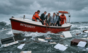 A dramatic editorial image of a sturdy lifeboat labeled 'Integrity' pulling employees safely from turbulent, stormy waters filled with sinking briefcases and torn résumés. The boat is steady and well-lit, while the sea is dark and chaotic—symbolizing how integrity-driven hiring reduces turnover and retains talent.