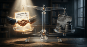 A hyper-realistic image of a crystal-clear glass scale. On one side, a glowing, honest résumé and a handshake; on the other, a shadowy, exaggerated résumé weighed down by a lead weight. The scale tips in favor of honesty, under a spotlight, symbolizing how assessing honesty and integrity effectively reveals true reliability.