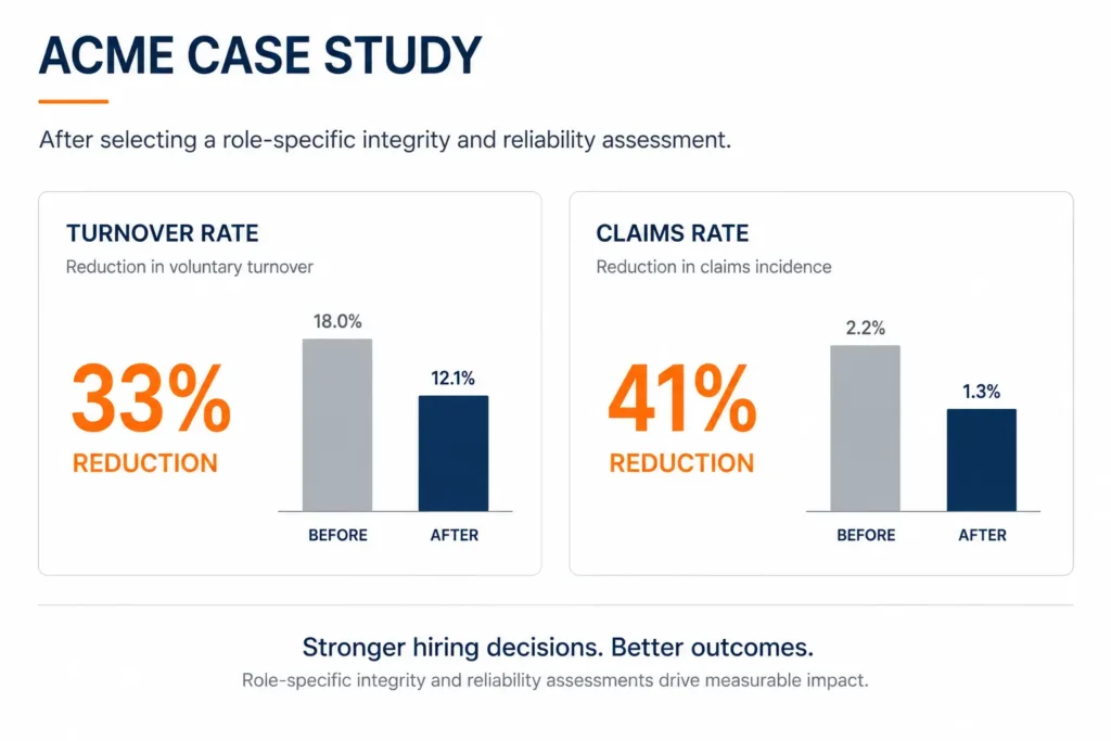 ACME case study results showing lower turnover and fewer claims after choosing a role-specific assessment tool