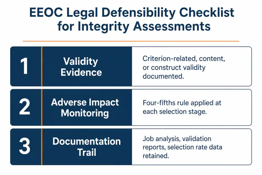 EEOC legal defensibility checklist for integrity assessments showing validity, adverse impact monitoring, and documentation requirements