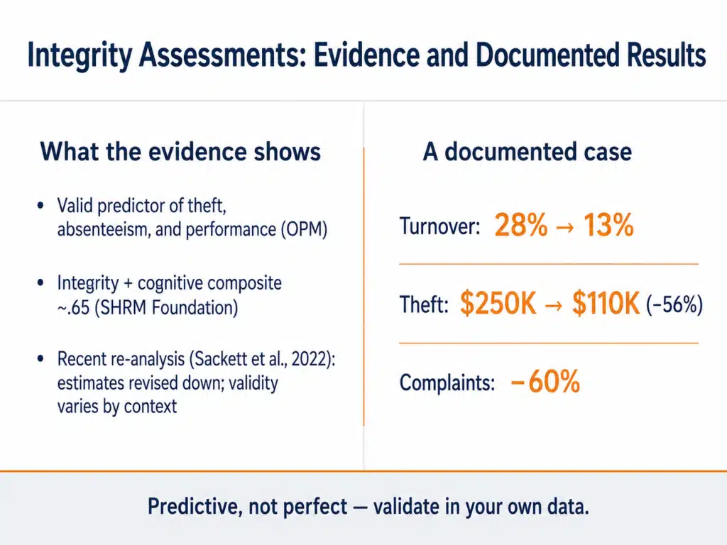 Infographic summarizing honesty and integrity assessment research and evidence: validity and outcomes