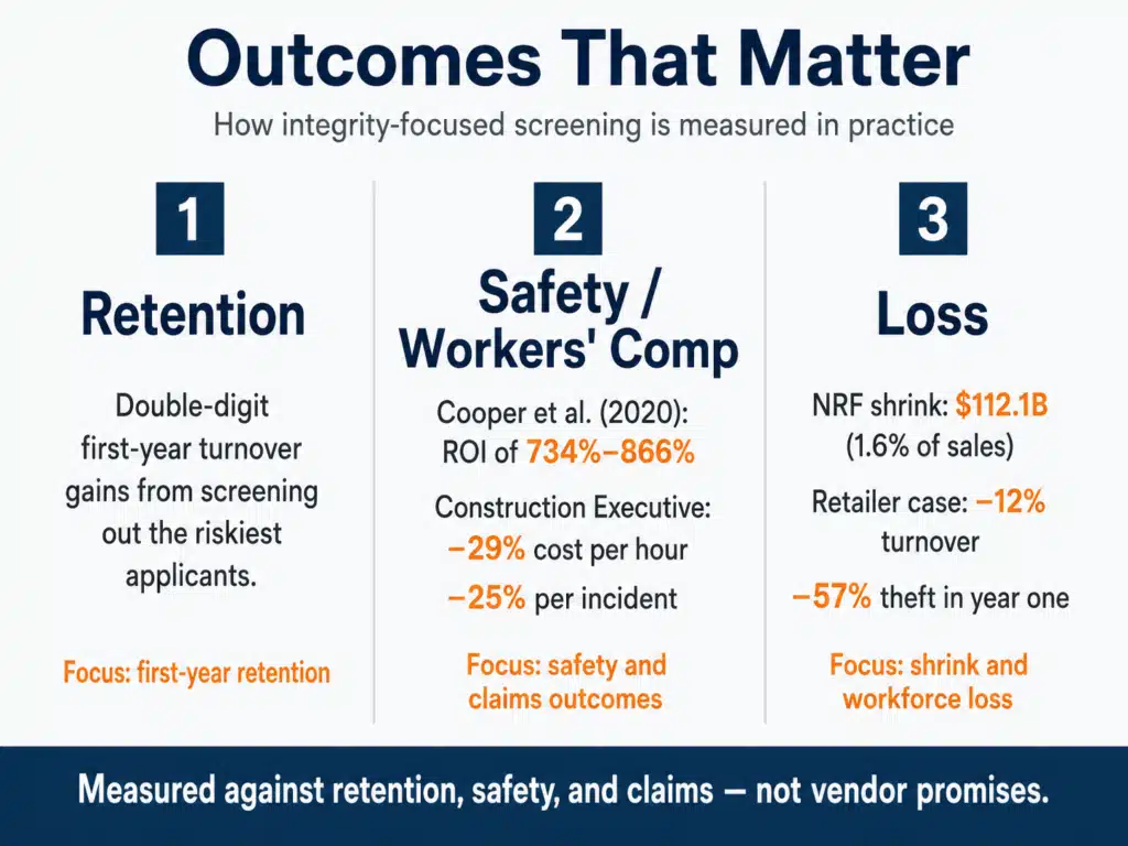 Infographic of honesty integrity test outcomes for HR hiring success: retention, safety, and workers’ comp claims. Honesty integrity test guide.