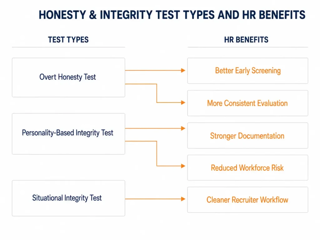 Infographic showing honesty and integrity test types and HR benefits