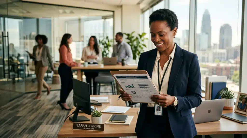 HR director reviewing a pre-employment honesty test report in a US corporate office