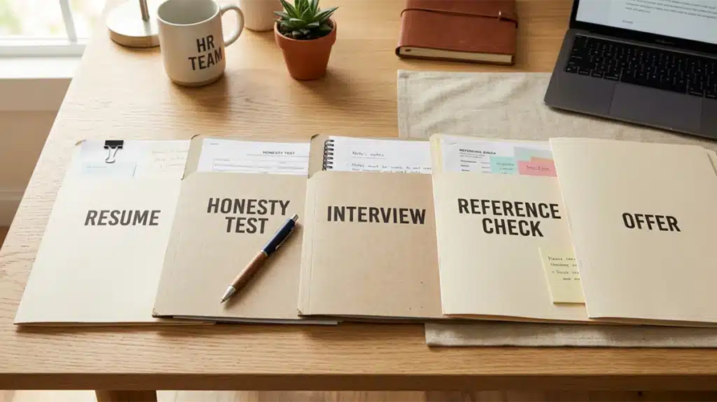 Five-stage hiring pipeline folders on an HR desk showing where a employee honesty tests fits in the pre-employment process