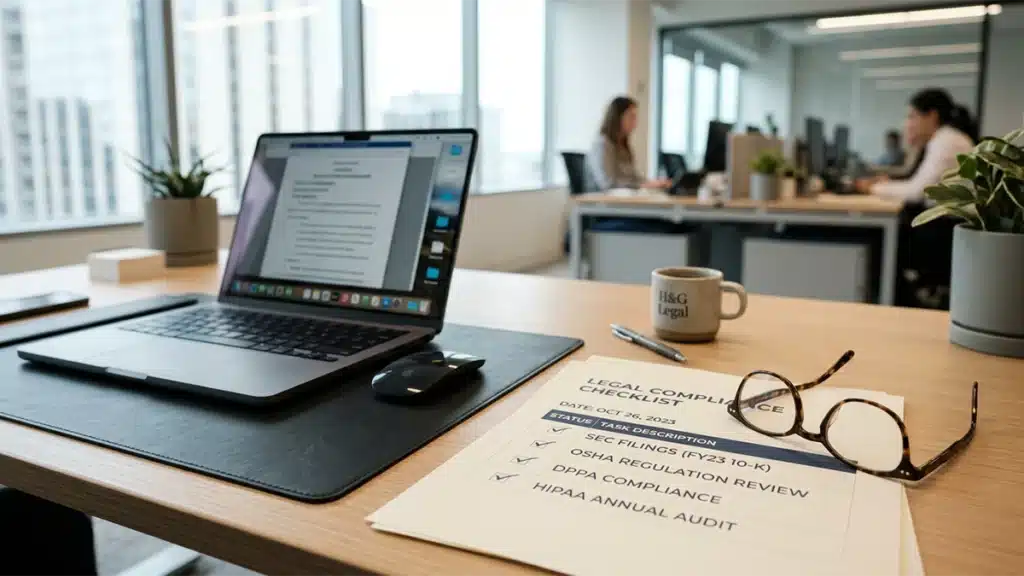 Office workspace with legal compliance checklist, laptop, and hiring documents representing honesty test legal compliance in hiring and workplace screening procedures.