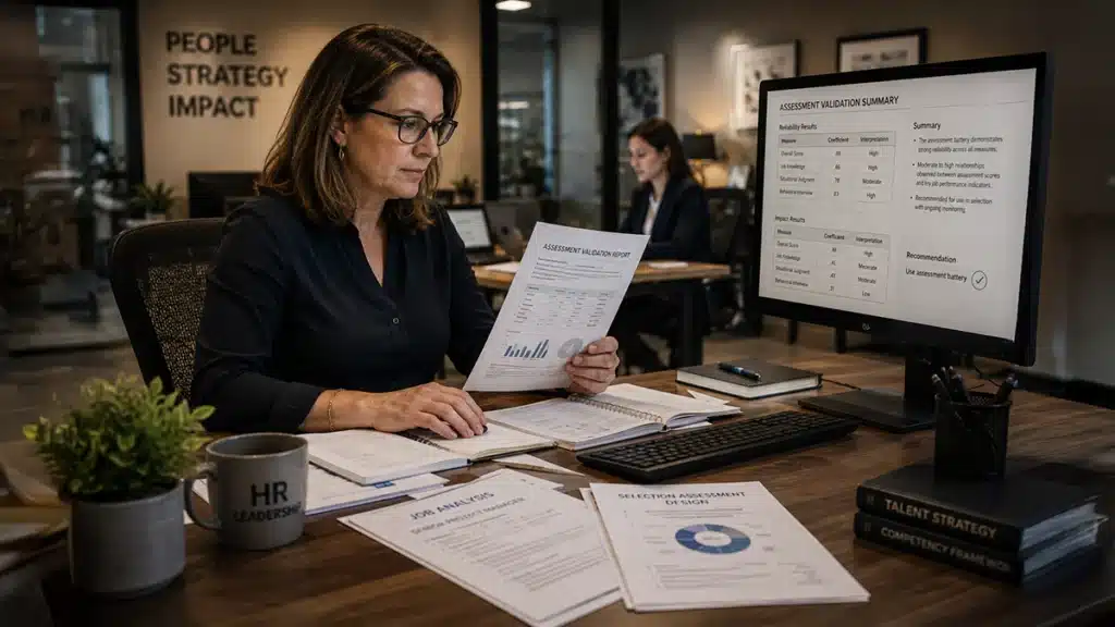 HR director reviewing documented integrity assessment criteria and validation studies for ethical hiring process design