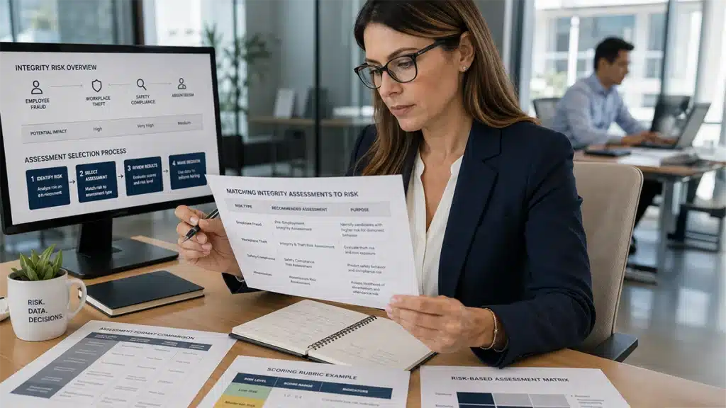 HR professional selecting risk-matched integrity assessment format for fraud, theft, safety, and absenteeism screening