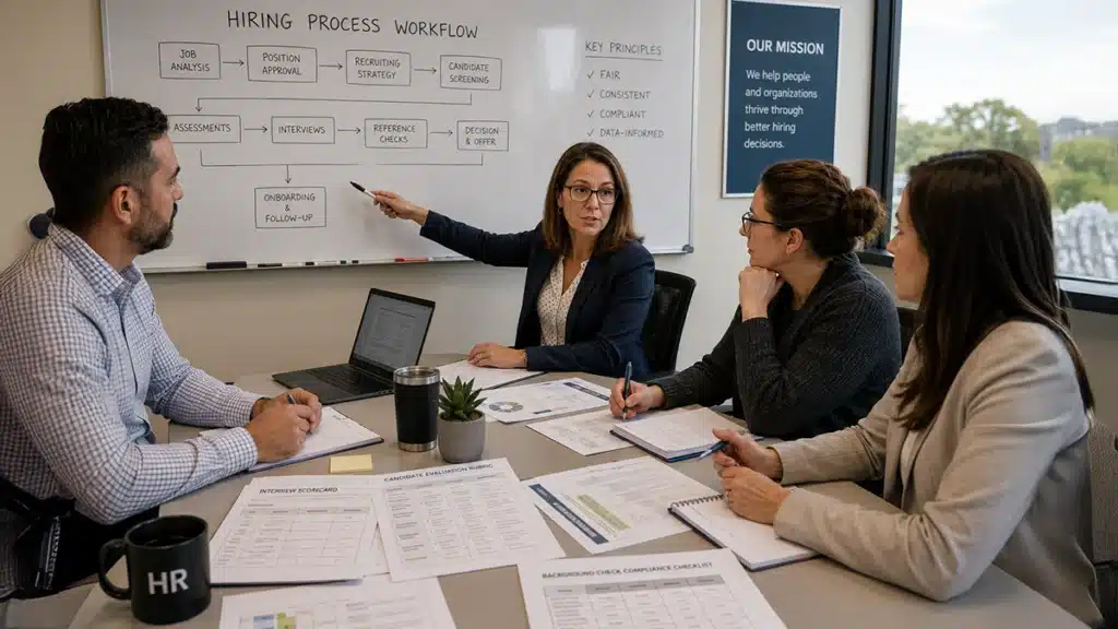 HR team collaborating on documented integrity assessment design, process flowchart, and fairness review during strategy meeting