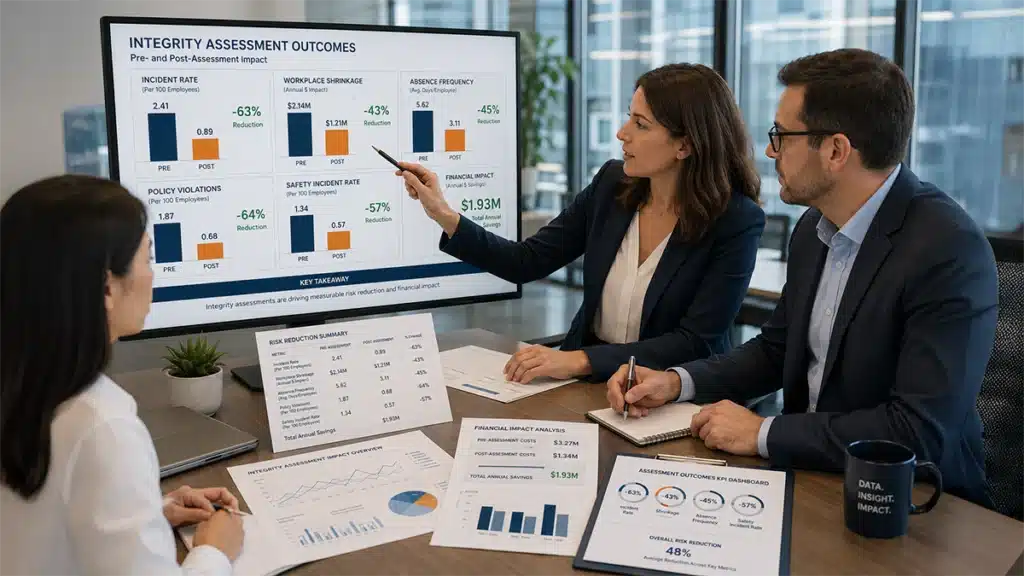 HR team reviewing integrity assessment outcomes data: fraud cases, theft incidents, safety records, and absenteeism metrics. Example os use of Integrity Assessment for Fraud Prevention and Risk Reduction.
