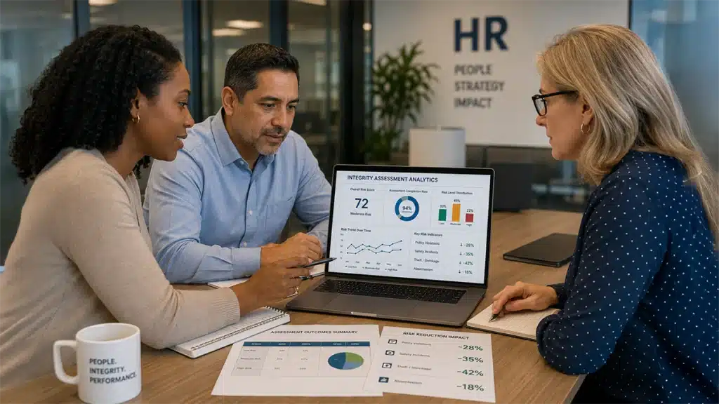 Diverse HR team reviewing integrity assessment subgroup data for DEI compliance in pre-employment screening