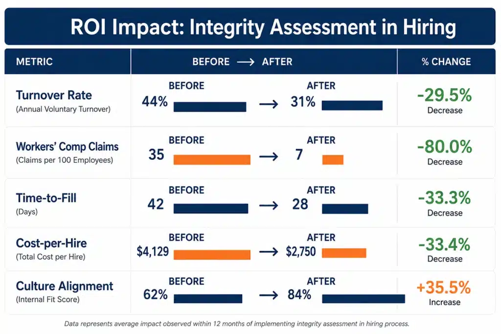 Infographic showing pre- and post-assessment metrics: 13% turnover reduction, 81.6% workers' comp claims reduction, ROI impact. This is a result of integrity Assessment applied for Ethical Hiring and ROI.