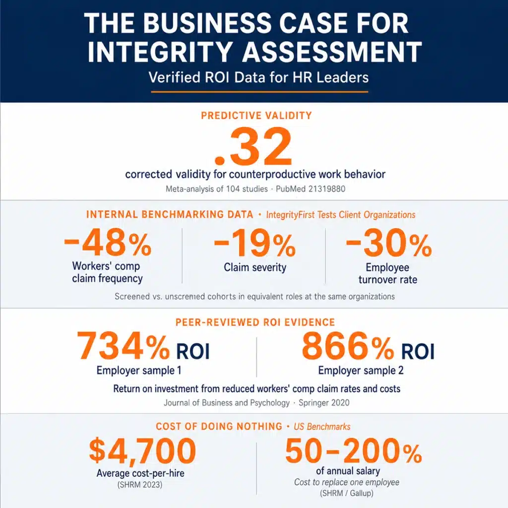 Infographic presenting the business case for Integrity assessment for ethical hiring and ROI, highlighting predictive validity, reduced employee turnover, lower workers’ compensation claims, and measurable return on investment from integrity-based hiring practices.
