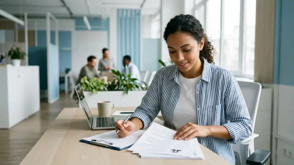 Employee completing workplace forms and documentation as part of an integrity assessment for employee screening process in an office environment.