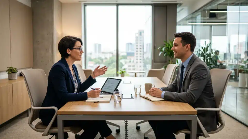HR manager conducting a professional interview with candidate during an integrity assessment for employee screening in a modern corporate office.