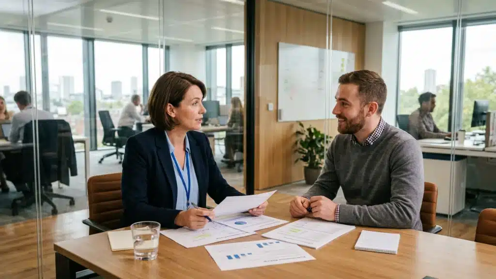 Human resources professional reviewing employee documents and discussing integrity assessment for employee screening with a job applicant in a collaborative workspace.