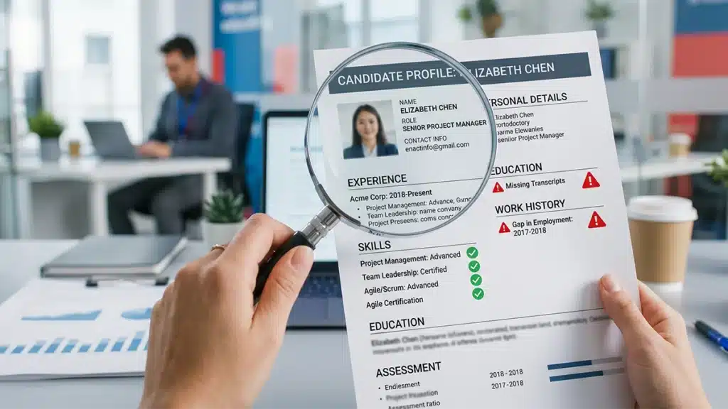 A photorealistic close-up of a magnifying glass hovering over a candidate's resume, demonstrating an integrity assessment for employee screening. The document features subtle green checkmarks for verified skills and red warning icons for inconsistencies, set against a clean, modern corporate office background.