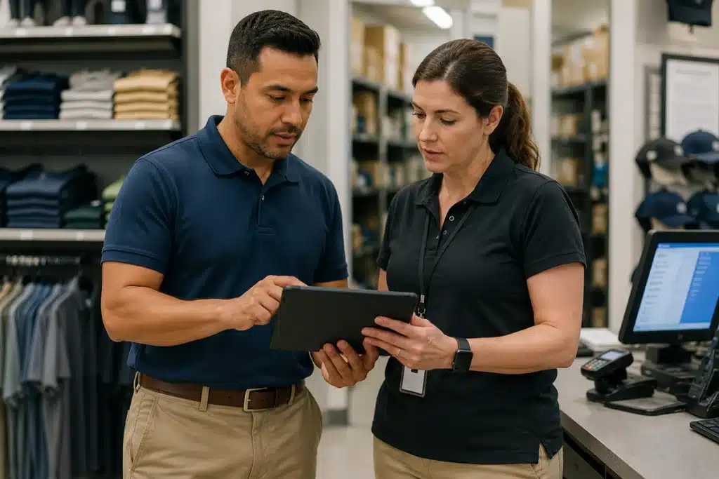 Retail operations and HR leaders reviewing honesty and integrity assessment benefits by industry in a store