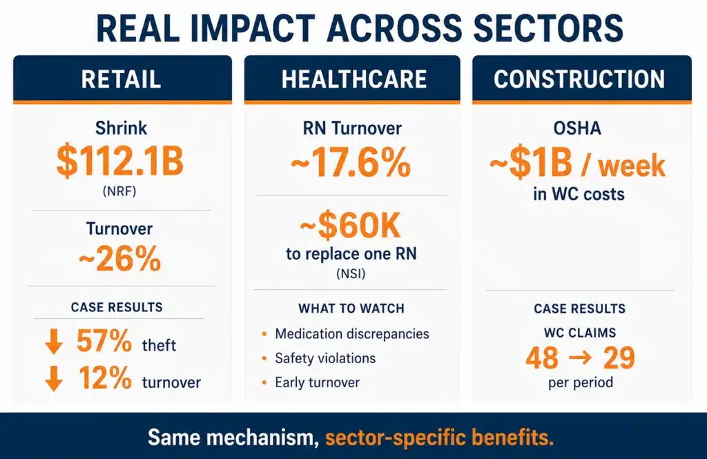 Infographic of honesty and integrity assessment benefits by industry across retail, healthcare, and construction
