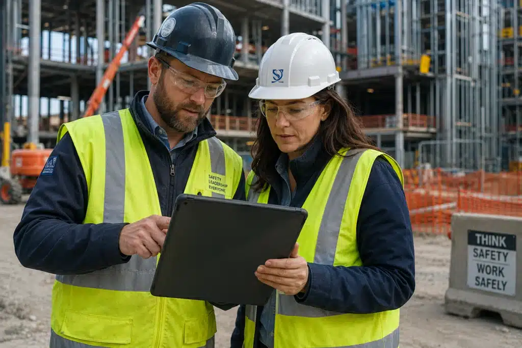 Site safety and HR leaders reviewing honesty and integrity assessment benefits by industry on a construction site