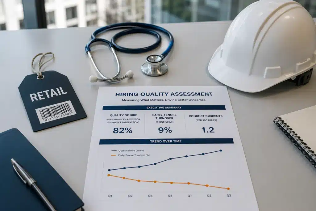 Conceptual view of honesty and integrity assessment benefits by industry across retail, healthcare, and construction