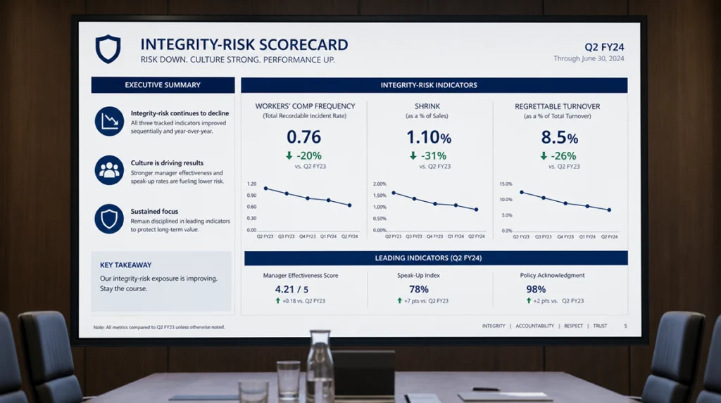 Board-level reporting view of integrity risk assessment as strategic HR tool outcomes