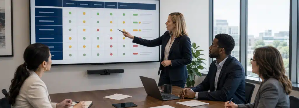 HR leaders comparing an integrity risk assessment framework and tools for HR on screen.