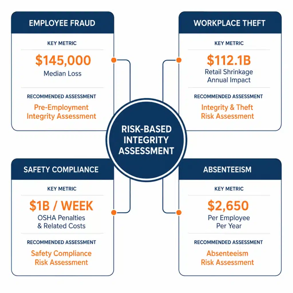 Infographic showing four integrity risk domains: fraud, theft, safety, absenteeism, with costs and recommended assessment types